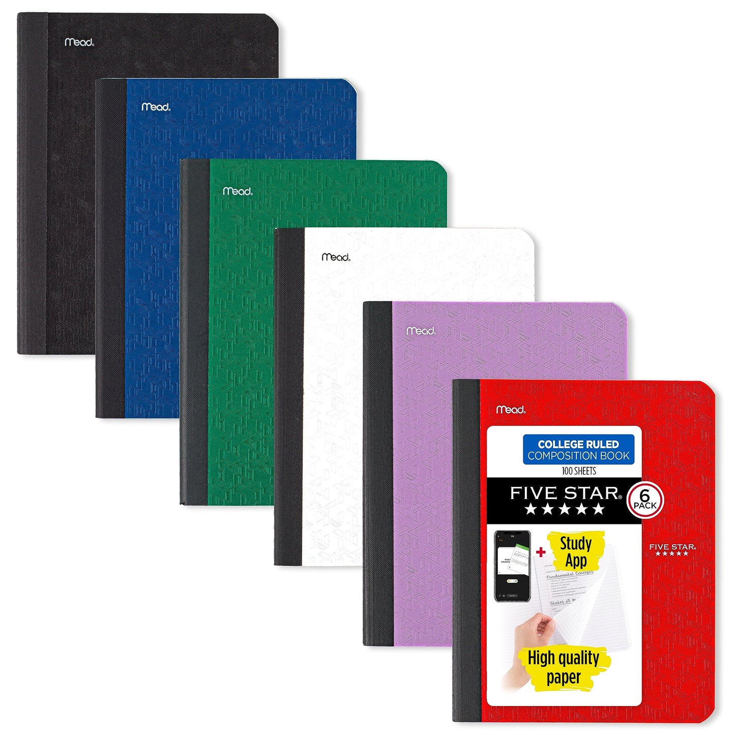 Five Star Composition Notebooks, 6 Pack, College Ruled Paper, 9-3/4" x 7-1/2", 100 Sheets per Comp Book, Black, Red, Green, Blue, White, Purple (72944)