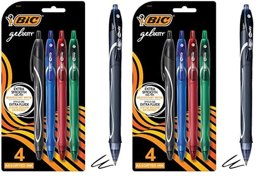 BIC Gelocity Quick Dry Assorted Colors Gel Pens, Medium Point (0.7mm), 4-Count Pack, Retractable Gel Pens With Comfortable Full Grip (Pack of 2)