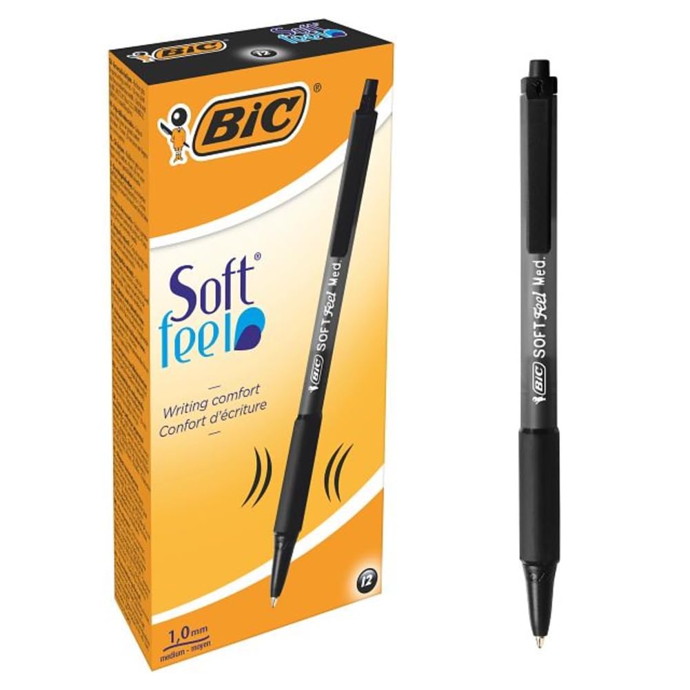 BIC Soft Feel Black Retractable Ballpoint Pens, Medium Point (1.0mm), 12-Count Pack, Black Pens With Soft-Touch Comfort Grip