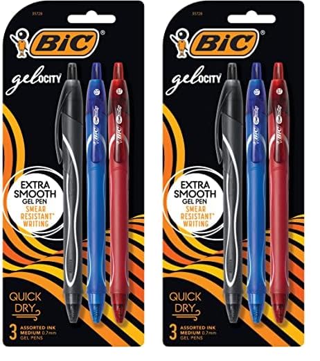 BIC Gel-Ocity Quick Dry Gel Pens, Medium Point Retractable Gel Pen (0.7mm), Assorted Colors, 3-Count (Pack of 2)