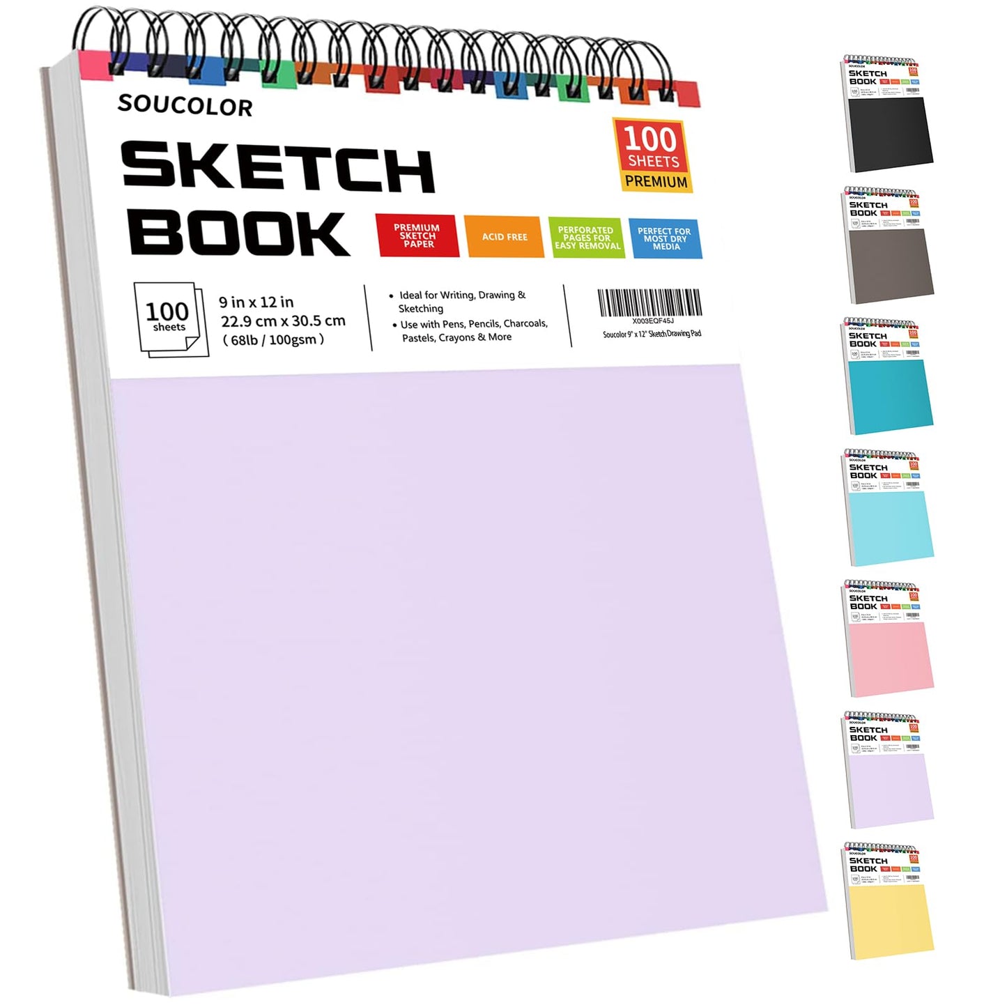 Soucolor 9" x 12" Aesthetic Sketch Book, 1-Pack 100 Sheets School Supplies Cute Sketchbook for Women, Japanese Stationary Sketching Supplies for Kids Teen Girl Gifts Birthday Gifts, Pastel Purple