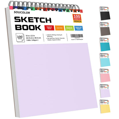 Soucolor 9" x 12" Aesthetic Sketch Book, 1-Pack 100 Sheets School Supplies Cute Sketchbook for Women, Japanese Stationary Sketching Supplies for Kids Teen Girl Gifts Birthday Gifts, Pastel Purple