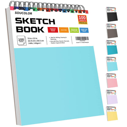 Soucolor 9" x 12" Sketch Book, 1-Pack 100 Sheets Spiral Bound Art Sketchbook, Acid Free (68lb/100gsm) Artist Drawing Book Paper Painting Sketching Pad for Kids Students Adults Beginners