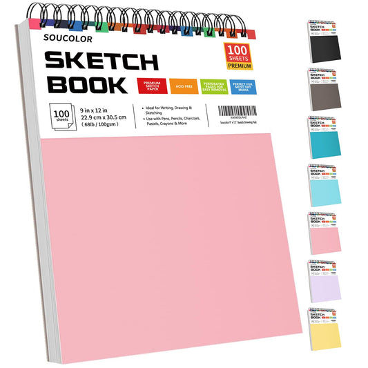 Soucolor Cute Sketchbook 9" x 12" for Women, 1-Pack 100 Sheets Spiral Notebook Drawing Pad for Girls, Pastel Girls' School Art Supplies for Beginner Artists, Arts and Crafts Gifts Set for Kids Adults