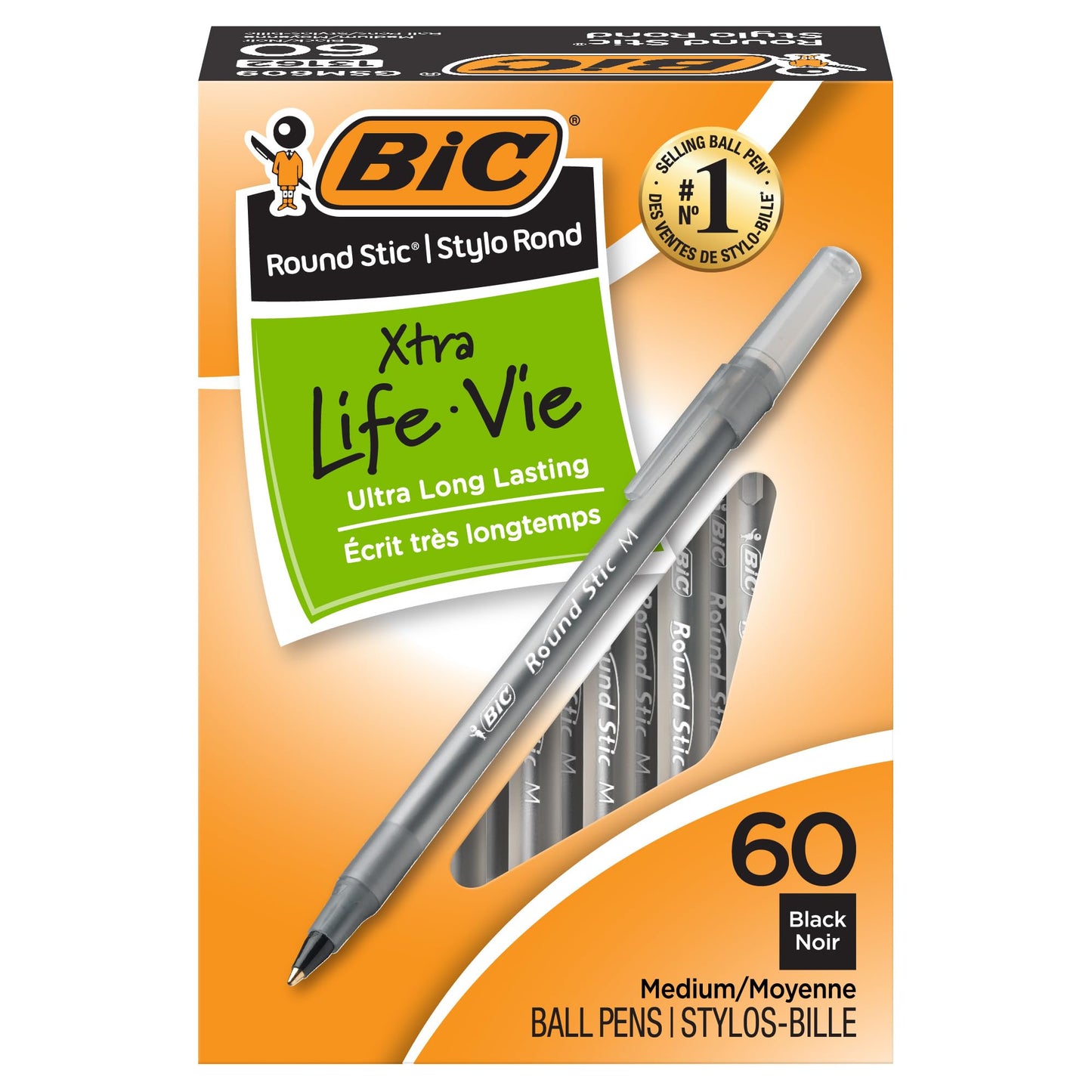 BIC Round Stic Xtra Life Black Ballpoint Pens, Medium Point (1.0mm), 60-Count Pack of Bulk Pens, Flexible Round Barrel for Writing Comfort, No. 1 Selling Ballpoint Pens