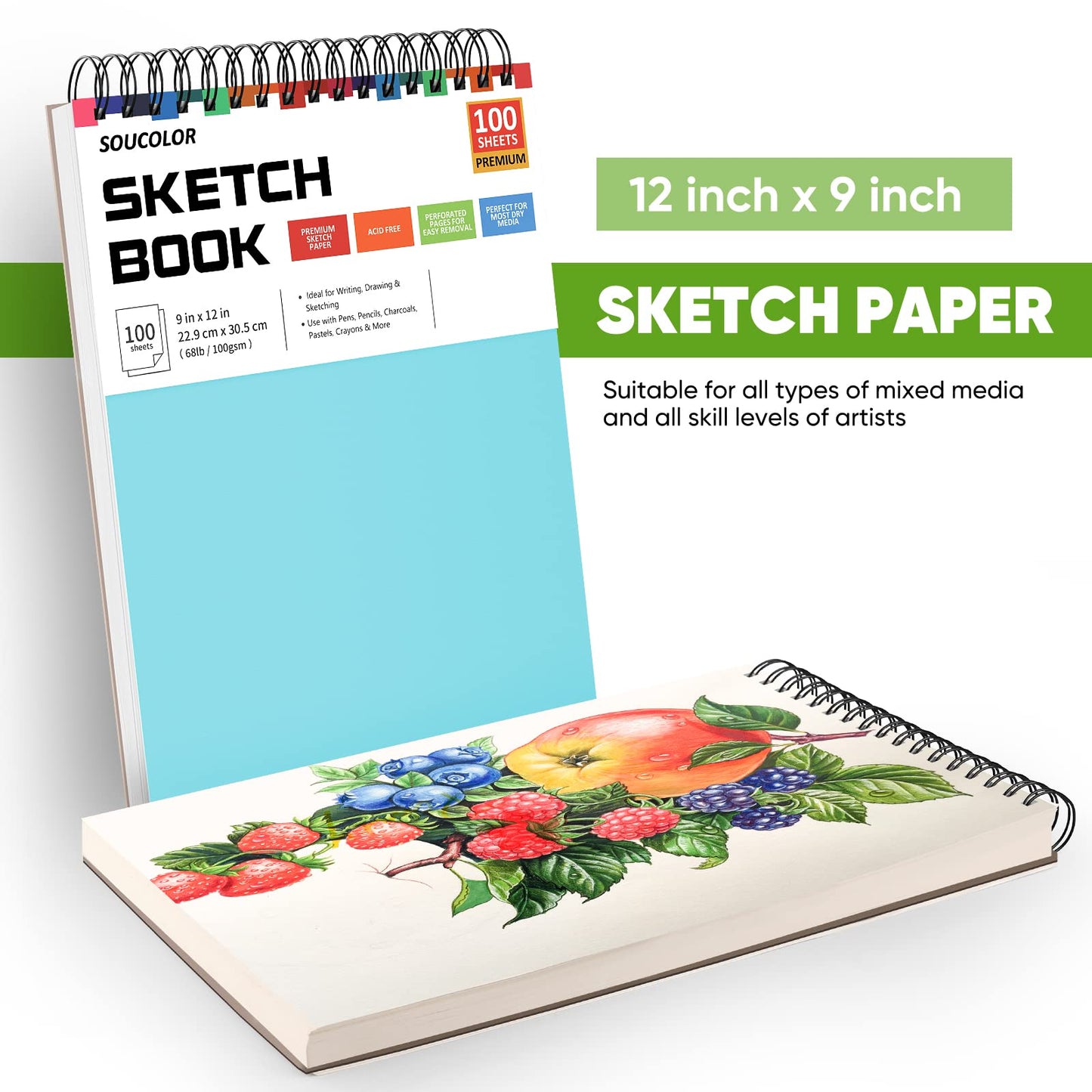 Soucolor 9" x 12" Sketch Book, 1-Pack 100 Sheets Spiral Bound Art Sketchbook, Acid Free (68lb/100gsm) Artist Drawing Book Paper Painting Sketching Pad for Kids Students Adults Beginners