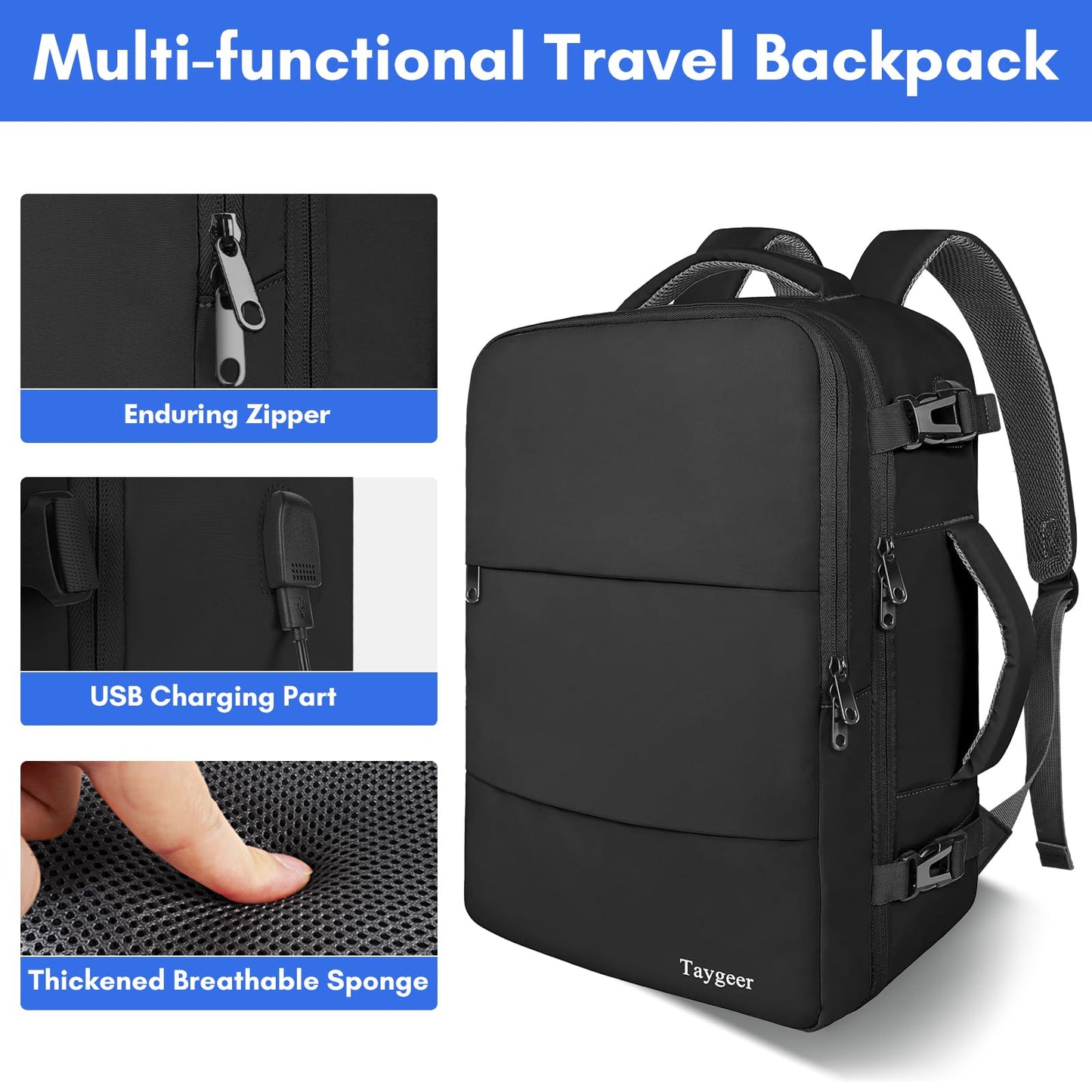 Taygeer Travel Backpack for Men Women, Carry On Backpack with USB Charging Port & Shoe Pouch, TSA 17.3inch Laptop Mochila Flight Approved, Nurse Bag Casual Daypack for Weekender Business Hiking,Black