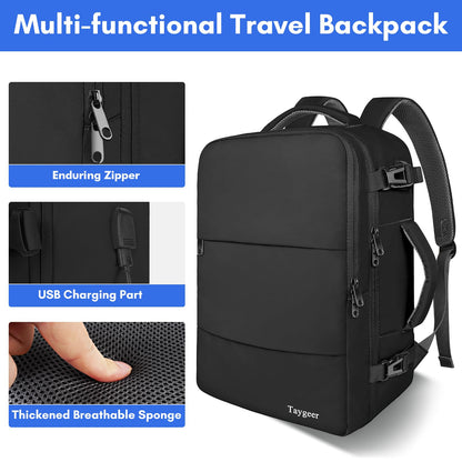 Taygeer Travel Backpack for Men Women, Carry On Backpack with USB Charging Port & Shoe Pouch, TSA 17.3inch Laptop Mochila Flight Approved, Nurse Bag Casual Daypack for Weekender Business Hiking,Black