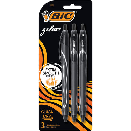 BIC Gel-Ocity Quick Dry Gel Pens, Medium Point Retractable (0.7mm), Black Ink Gel Pen, 3 Count