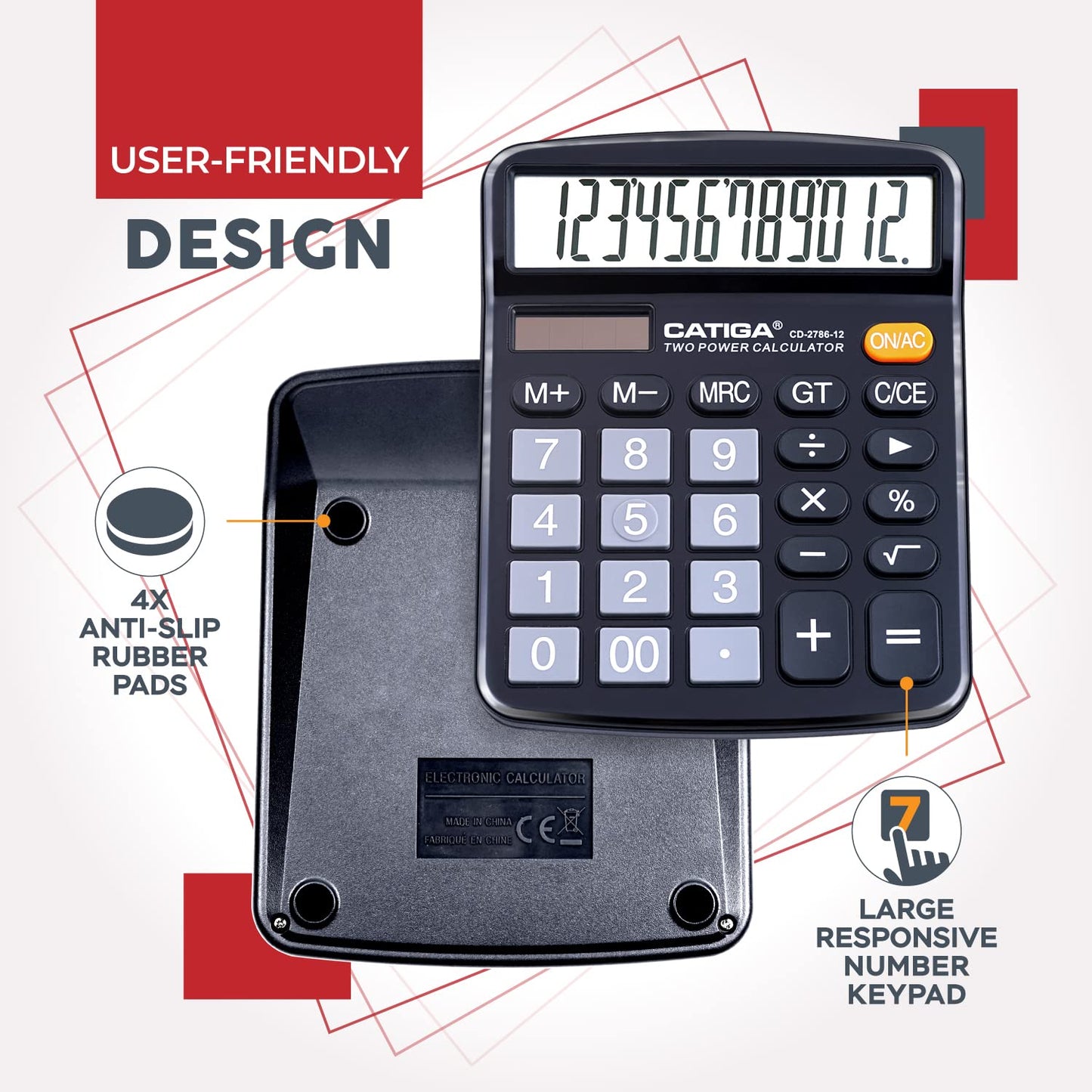 CATIGA 12 Digits Desktop Calculator with Large LCD Display and Sensitive Button, Dual Solar Power and Battery, Standard Function for Office, Home, School, CD-2786