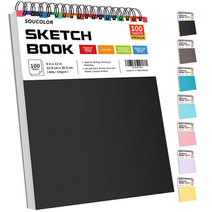 Soucolor 9" x 12" Sketch Book, 1-Pack 100 Sheets Spiral Bound Art Sketchbook, (68lb/100gsm) Acid Free Artist Drawing Book Paper Painting Drawing Writing Sketching Pad for Kids Adult Teens Girls Boys