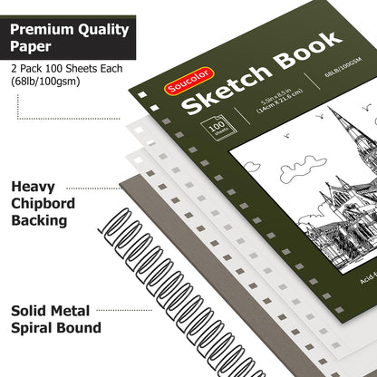 Soucolor 5.5" x 8.5" Sketchbook Pack of 2, 200 Sheets Sketch Book, Spiral Bound Sketch Pad Drawing Book Acid-Free Paper (68lb/100gsm), Painting Sketching Drawing Art Supplies for Adults Kids Teens