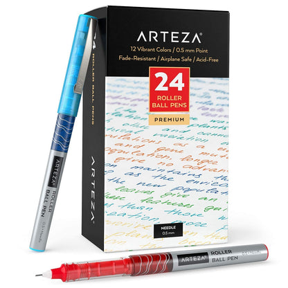 ARTEZA Rollerball Pens Fine Point, Set of 24 Colored Pens with Liquid Ink, Extra Fine 0.5 mm Needle Tip Pen