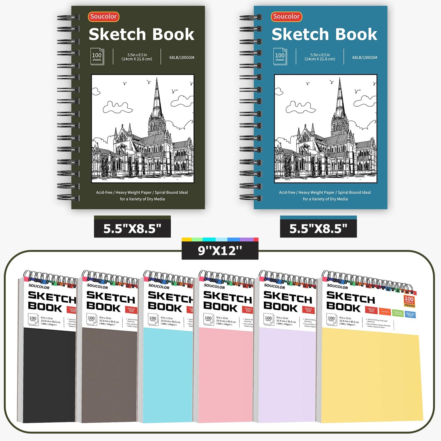 Soucolor 5.5" x 8.5" Sketchbook Pack of 2, 200 Sheets Sketch Book, Spiral Bound Sketch Pad Drawing Book Acid-Free Paper (68lb/100gsm), Painting Sketching Drawing Art Supplies for Adults Kids Teens