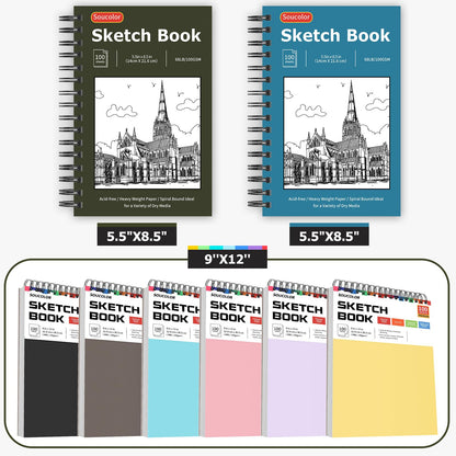 Soucolor 5.5" x 8.5" Sketch Book, 100 Sheets Spiral Bound Art Sketchbook, Acid Free (68lb/100gsm) Artist Drawing Book Paper Painting Sketching Pad