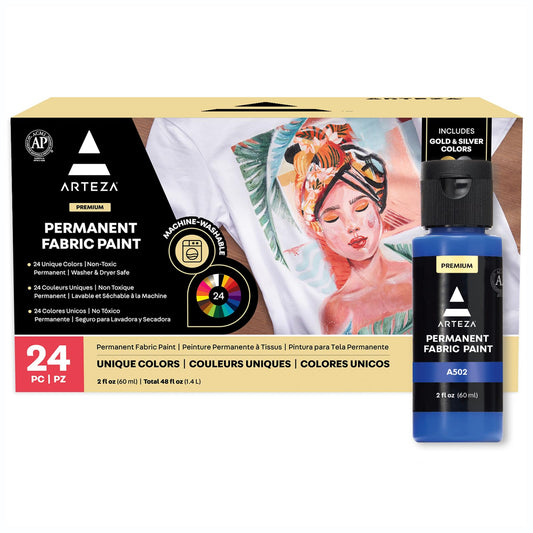 ARTEZA Fabric Paint, Set of 24, Permanent Paint, Textile Paint for Drawing on T-Shirts, Denim, Cotton, Linen, and Mixed Fabrics