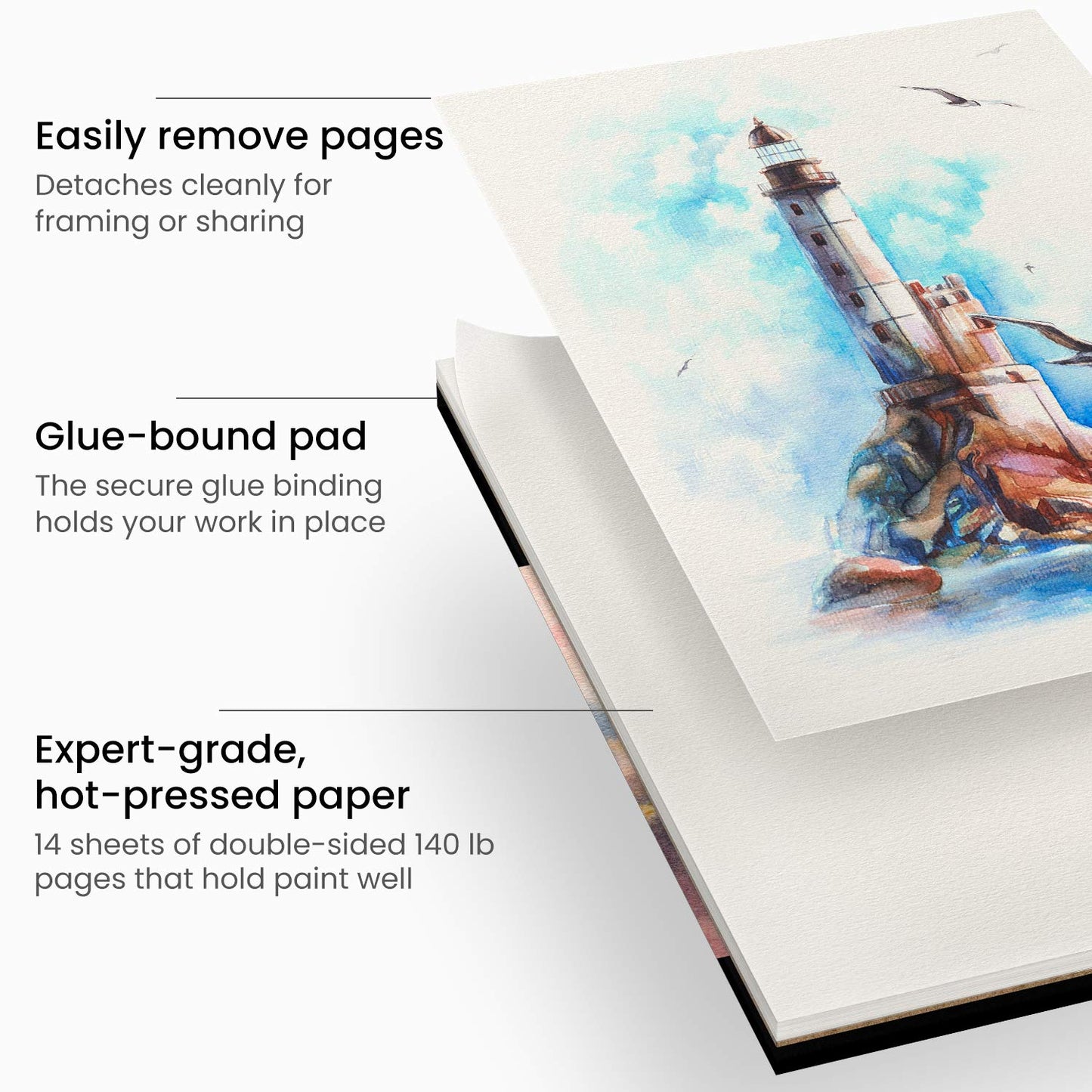 ARTEZA Watercolor Paper, 14 Sheets, 9x12 Inches Water Pad, 140lb/300gsm, 100% Cotton, Double-Sided, Hot Press, Acid Free Art Paper