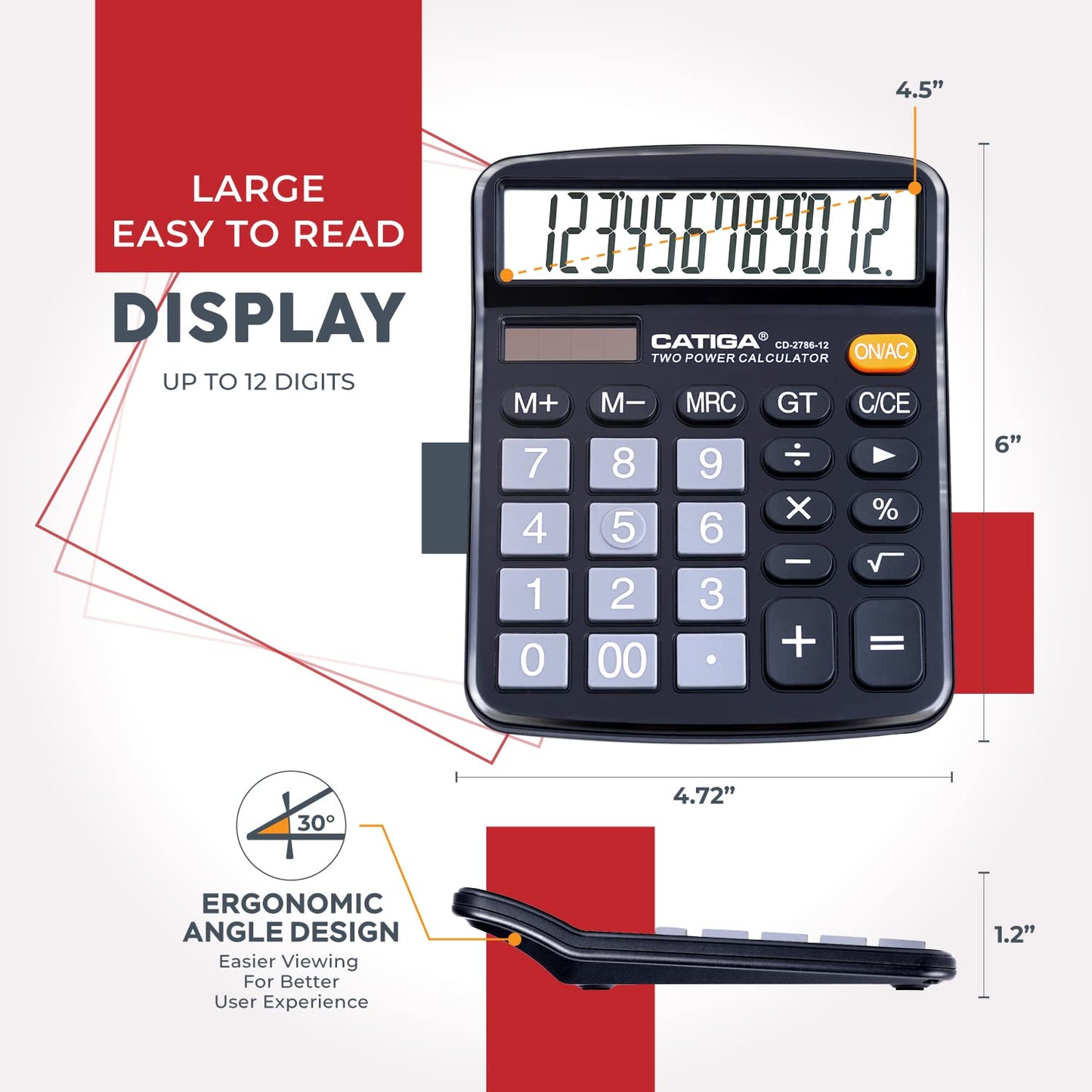 CATIGA 12 Digits Desktop Calculator with Large LCD Display and Sensitive Button, Dual Solar Power and Battery, Standard Function for Office, Home, School, CD-2786