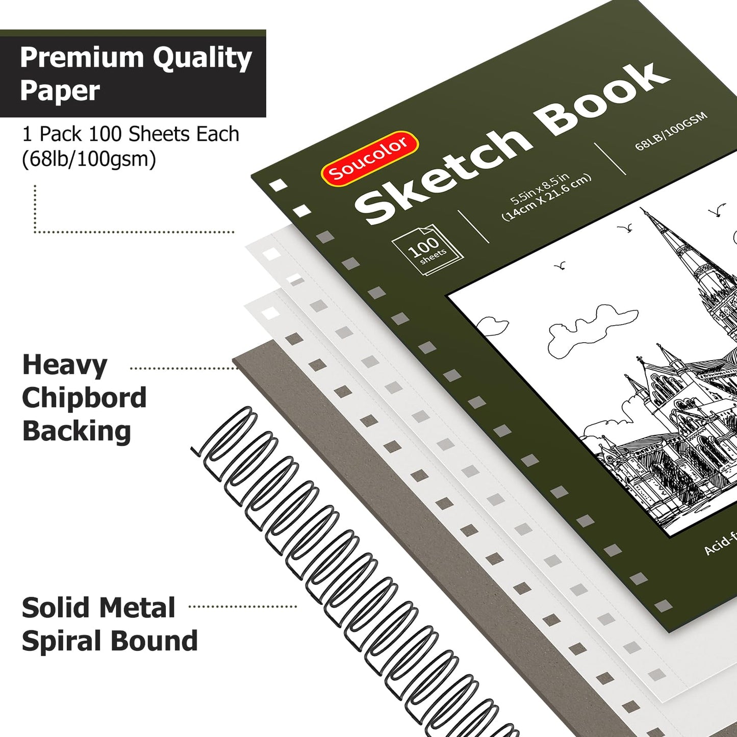 Soucolor 5.5" x 8.5" Sketch Book, 100 Sheets Spiral Bound Art Sketchbook, Acid Free (68lb/100gsm) Artist Drawing Book Paper Painting Sketching Pad