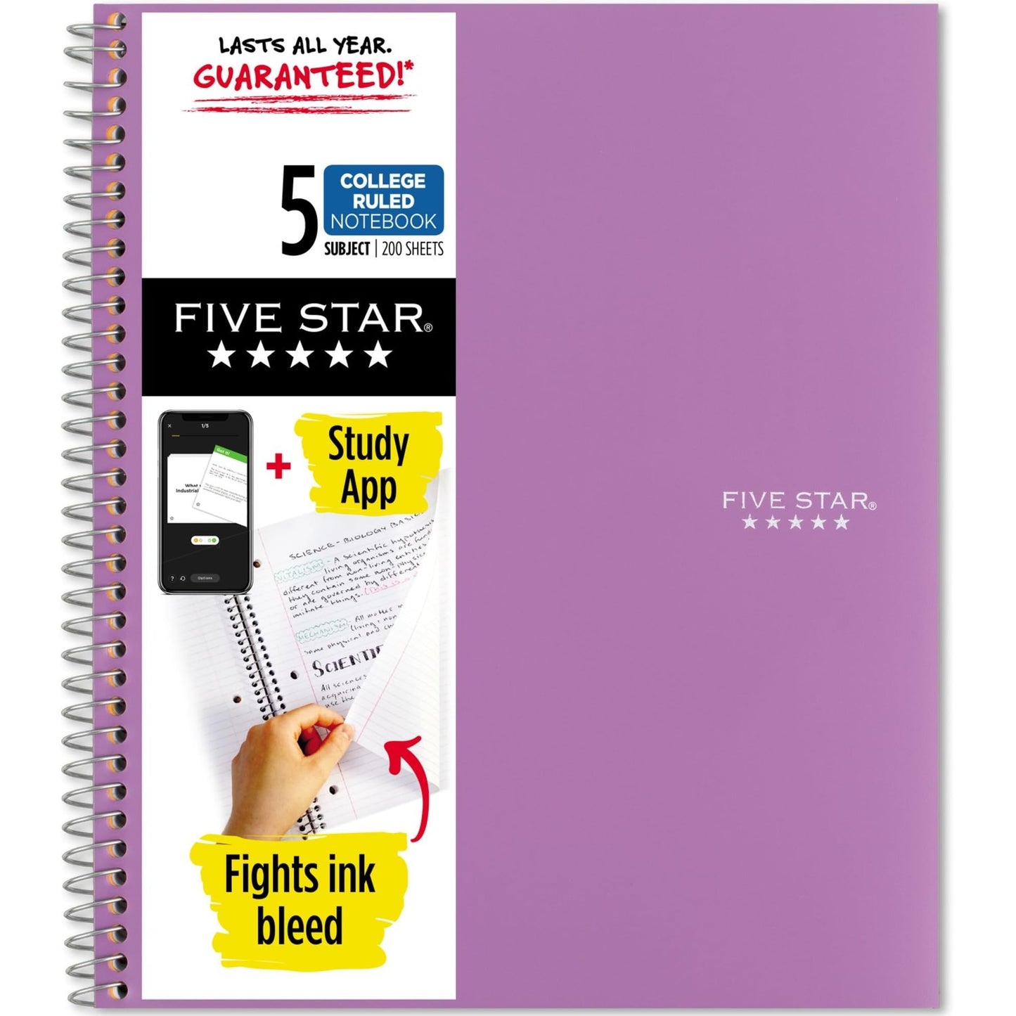 Five Star Spiral Notebook + Study App, 5 Subject, College Ruled Paper, Fights Ink Bleed, Water Resistant Cover, 8-1/2" x 11", 200 Sheets, Purple (38748)