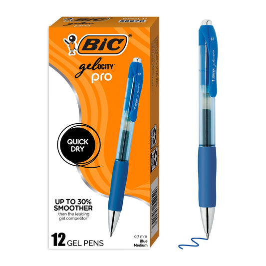 BIC Gelocity Pro Blue Gel Pens, Medium Point (0.7 mm), Smooth Smear-Resistant Blue Ink, Ultra Comfortable Grip, 12-Count Pack