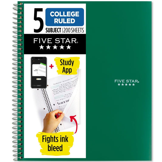 Five Star Spiral Notebook + Study App, 5 Subject, College Ruled Paper, Fights Ink Bleed, Water Resistant Cover, 8-1/2" x 11", 200 Sheets, Green (72079)