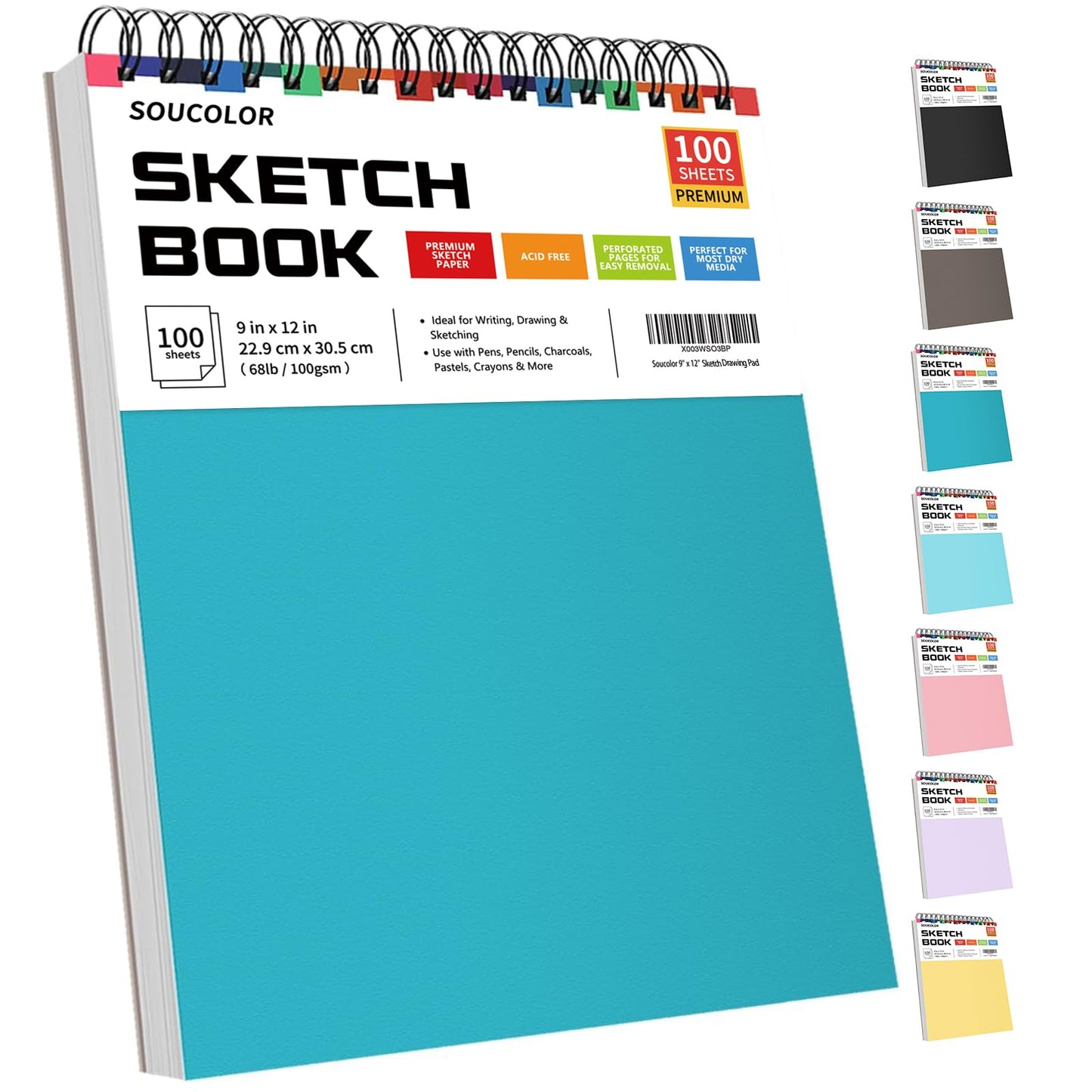 Soucolor School Supplies 9" x 12" Sketch Book for High College Teacher Student, 1-Pack 100 Sheets Spiral Bound Art Sketchbook, Acid Free (68lb/100gsm) Artist Blank Book for Kids, Back to School Stuff