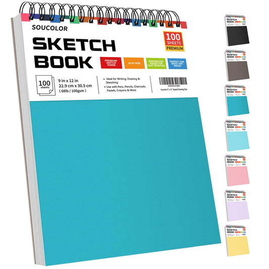 Soucolor School Supplies 9" x 12" Sketch Book for High College Teacher Student, 1-Pack 100 Sheets Spiral Bound Art Sketchbook, Acid Free (68lb/100gsm) Artist Blank Book for Kids, Back to School Stuff