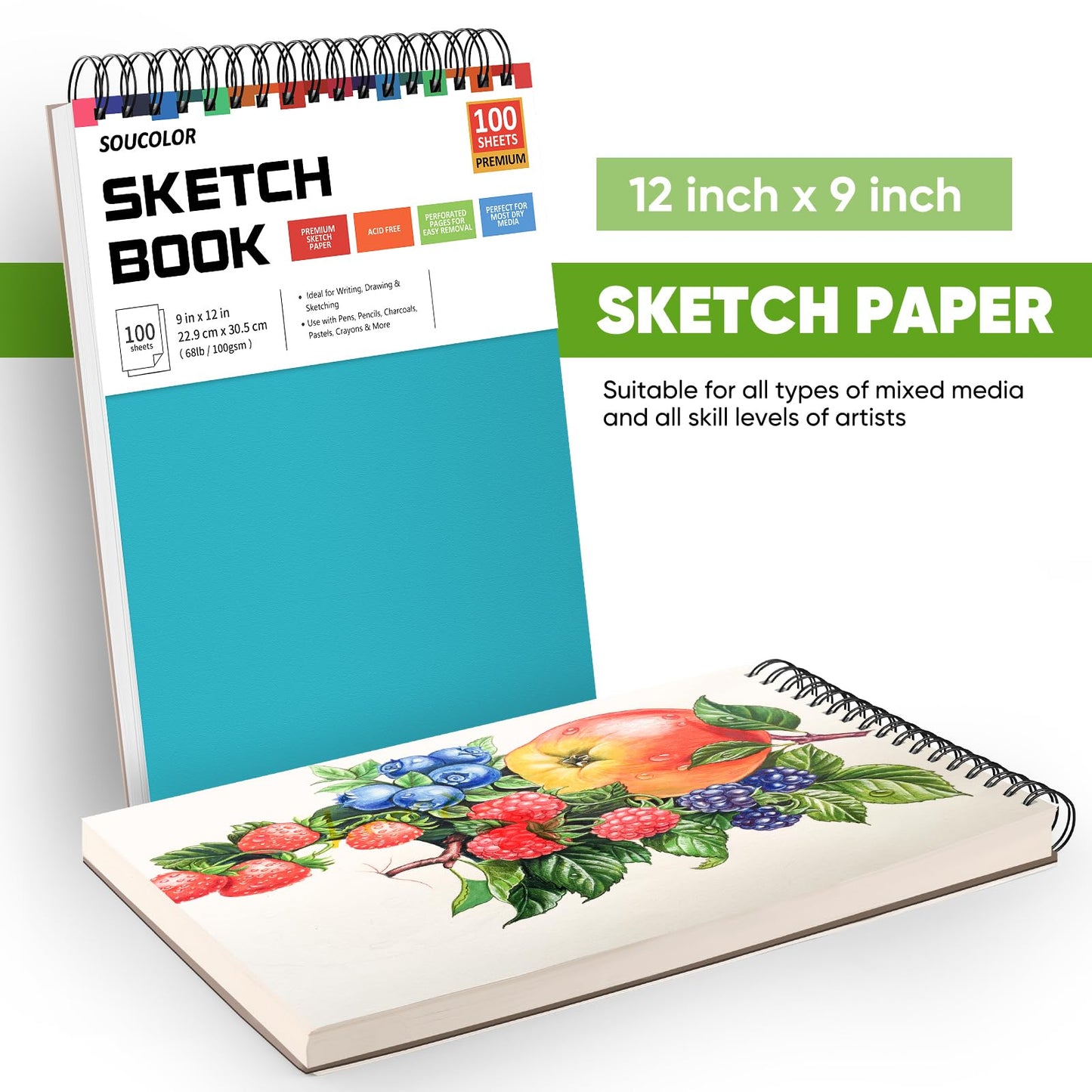 Soucolor School Supplies 9" x 12" Sketch Book for High College Teacher Student, 1-Pack 100 Sheets Spiral Bound Art Sketchbook, Acid Free (68lb/100gsm) Artist Blank Book for Kids, Back to School Stuff