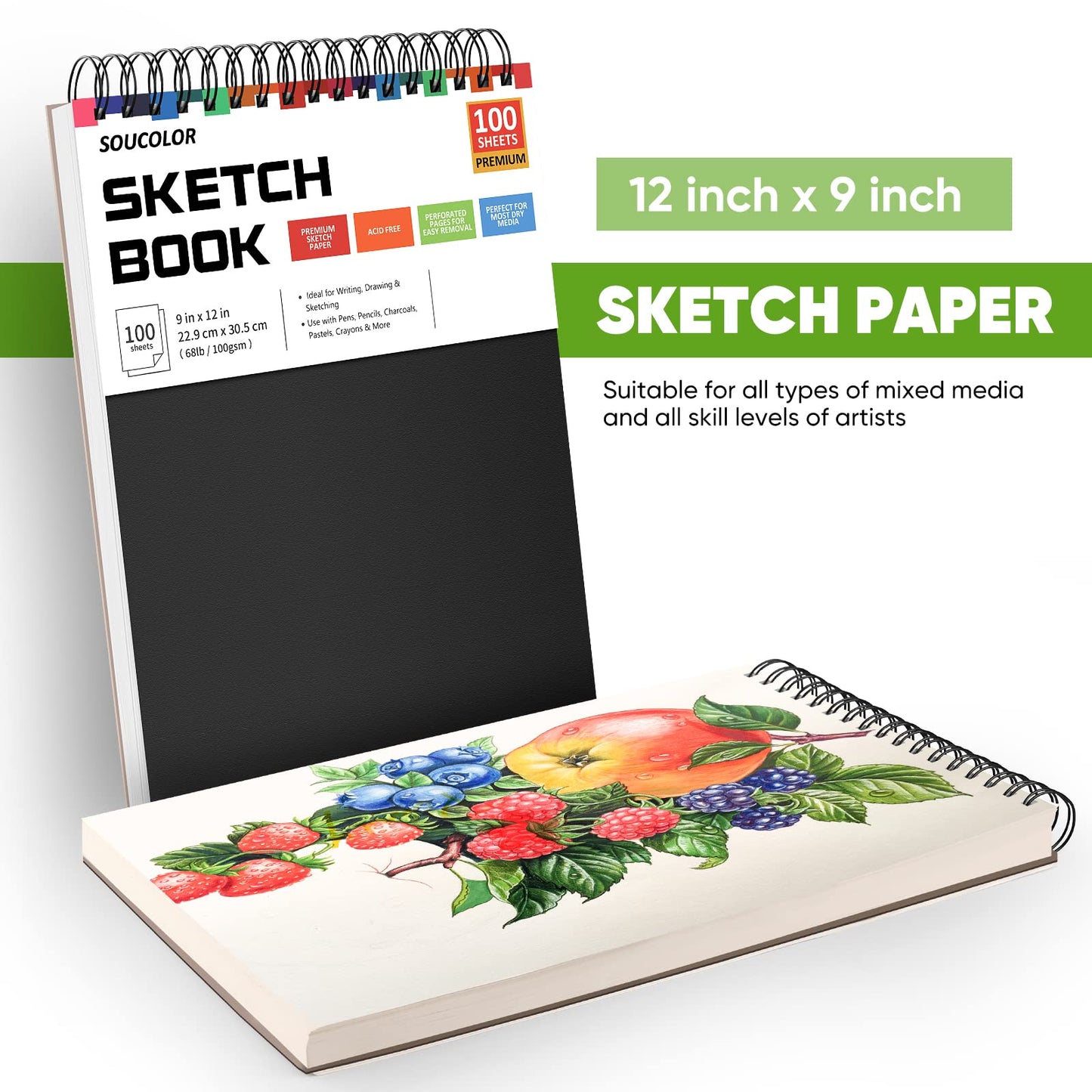 Soucolor 9" x 12" Sketch Book, 1-Pack 100 Sheets Spiral Bound Art Sketchbook, (68lb/100gsm) Acid Free Artist Drawing Book Paper Painting Drawing Writing Sketching Pad for Kids Adult Teens Girls Boys