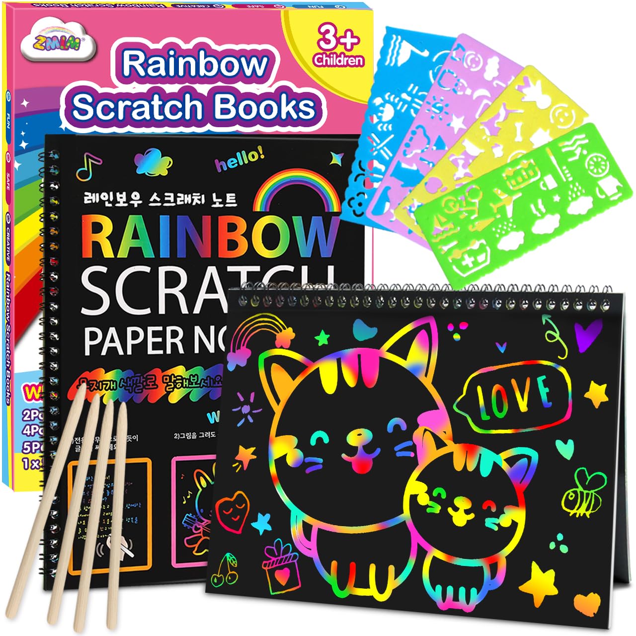 ZMLM Scratch Paper Art-Crafts Gift: 2 Pack Rainbow Notebooks Supplies Toys Easter Basket Stuffers for 3 4 5 6 7 8 9 10 Years Old Girls and Boys Kids Birthday Party Games (Pink)