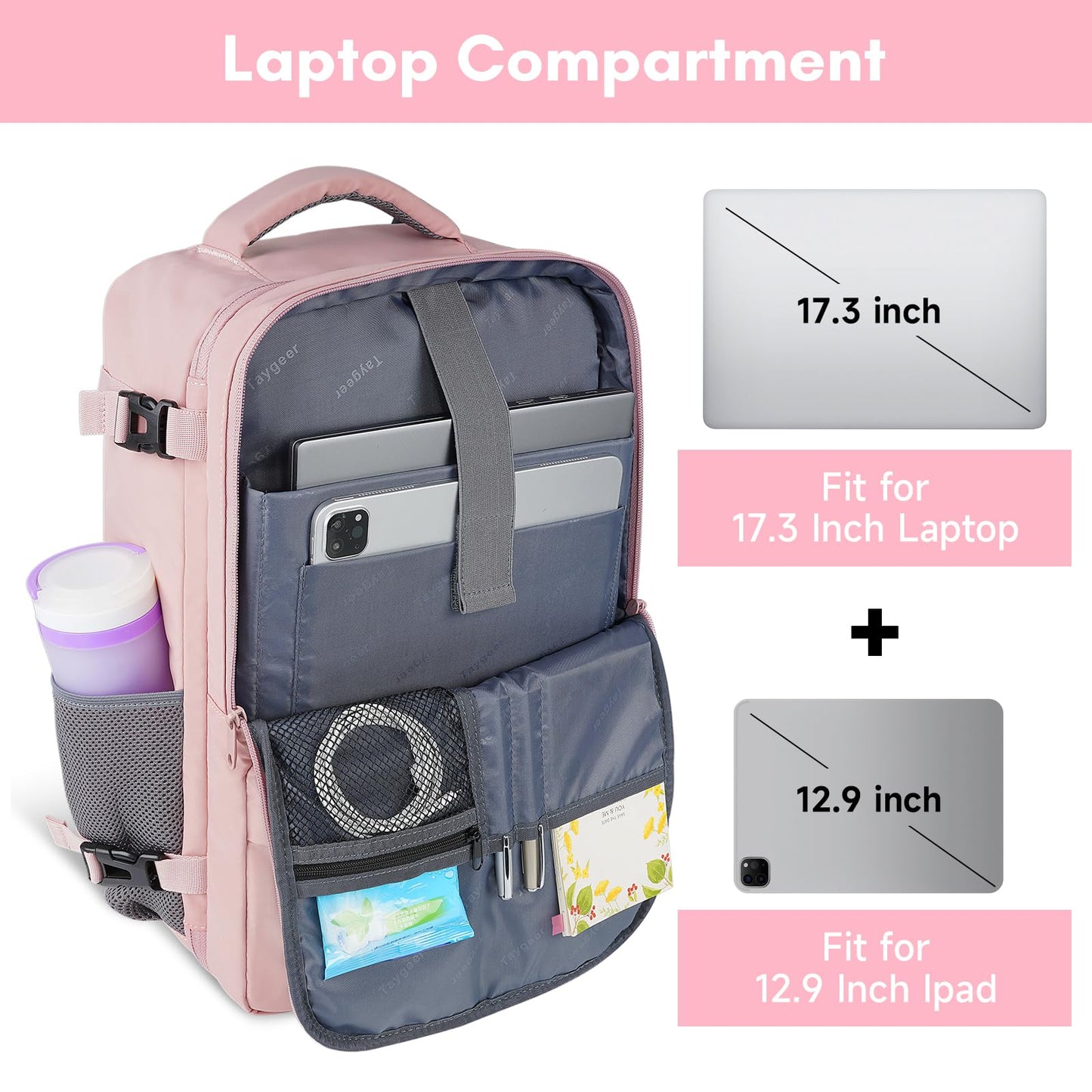 Taygeer Laptop Backpack for Women, Large Travel Backpack with 17.3 inch Laptop Compartment, TSA Friendly 40l Carry On Mochila, Daypack Business Computer Bag for Office Work Travel Essentials, Pink