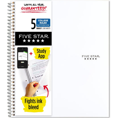 Five Star Spiral Notebook + Study App, 5 Subject, College Ruled Paper, Fights Ink Bleed, Water Resistant Cover, 8-1/2" x 11", 200 Sheets, White (72460)