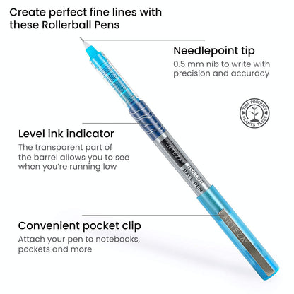 ARTEZA Rollerball Pens Fine Point, Set of 24 Colored Pens with Liquid Ink, Extra Fine 0.5 mm Needle Tip Pen