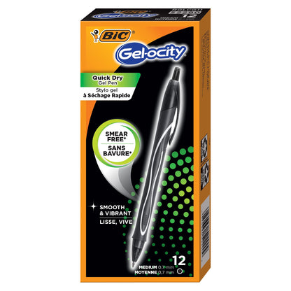 BIC Gel-Ocity Quick Dry Gel Pens, Medium Point Retractable (0.7mm), Black Ink Gel Pen, 12-Count- Pack of 18