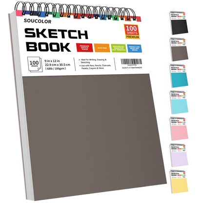 Soucolor 9" x 12" Sketch Book, 1-Pack 100 Sheets Spiral Bound Art Sketchbook, Acid Free (68lb/100gsm) Artist Drawing Book Paper Painting Sketching Pad