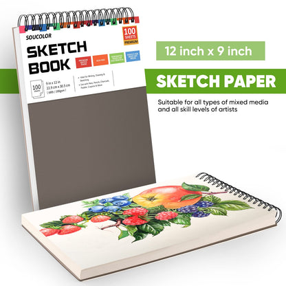 Soucolor 9" x 12" Sketch Book, 1-Pack 100 Sheets Spiral Bound Art Sketchbook, Acid Free (68lb/100gsm) Artist Drawing Book Paper Painting Sketching Pad