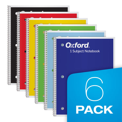 Oxford Spiral Notebook 6 Pack, Bulk Wide Ruled Spiral Notebooks for School, 1 Subject Journal, Wide Ruled Paper, 8 x 10-1/2 Inch, Blue, Yellow, Red, Light Blue, Green and Black, 70 Sheets (65010)