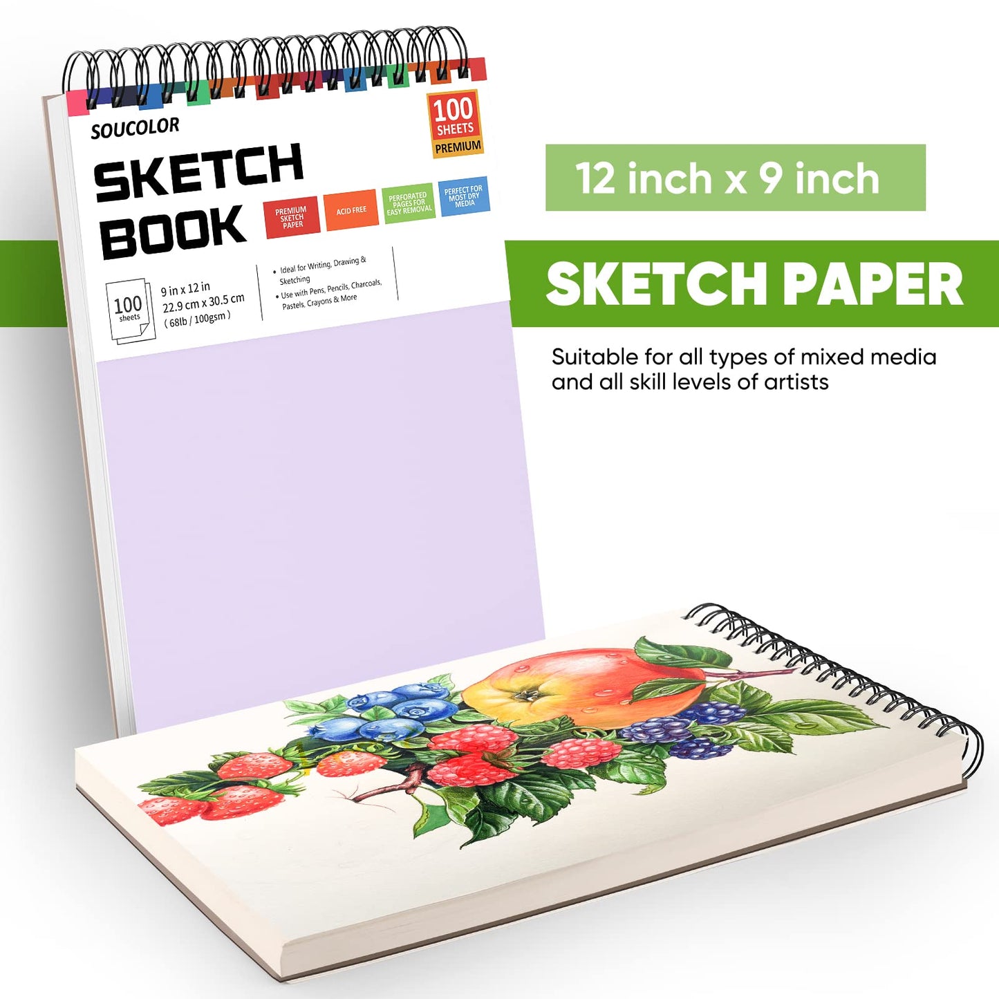 Soucolor 9" x 12" Aesthetic Sketch Book, 1-Pack 100 Sheets School Supplies Cute Sketchbook for Women, Japanese Stationary Sketching Supplies for Kids Teen Girl Gifts Birthday Gifts, Pastel Purple