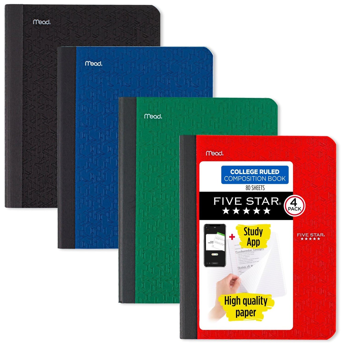 Five Star Composition Books + Study App, 4 Pack, College Ruled Paper, 9-3/4" x 7-1/2", 80 Sheets, Red, Green, Blue, Black (850065B-ECM)