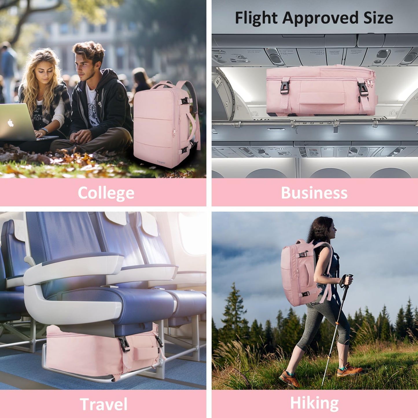 Taygeer Travel Backpack for Women, Carry On Backpack with USB Charging Port & Shoe Pouch, TSA 15.6inch Laptop Mochila Flight Approved, Nurse Bag Casual Daypack for Weekender Business Hiking, Pink