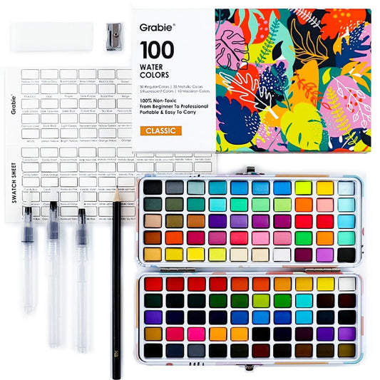 Grabie 100 Colors Watercolor Paint Set - 50 Regular, 35 Metallic, 10 Macaron and 5 Fluorescent Colors - Portable with Carrying Case, Water Brush Pens, and Accessories - For Beginners and Professionals