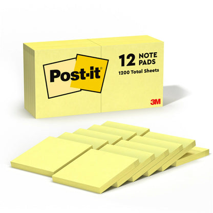 Post-it Notes, 12 Sticky Note Pads, 3 in. x 3 in., School Supplies for College Students and K-12 Teachers, Easy to Reposition Memo Pads Set, Great for Books and Paper, Canary Yellow