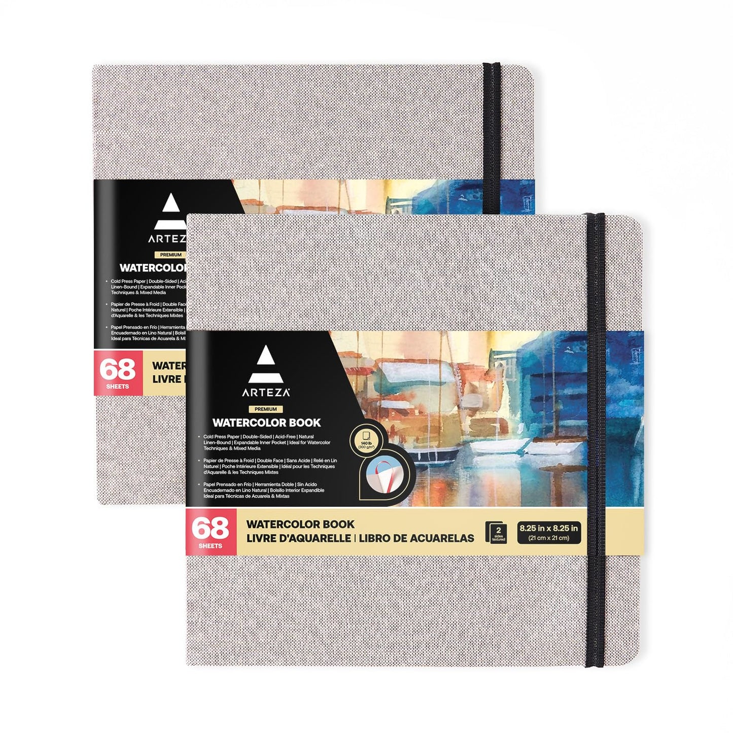 ARTEZA Watercolor Sketchbook Set, 2-Pack, 68 Pages per Book, 8.25 x 8.25 Inches, Gray Hardcover Notebooks, 110-Pound Premium Watercolor Paper for Artists