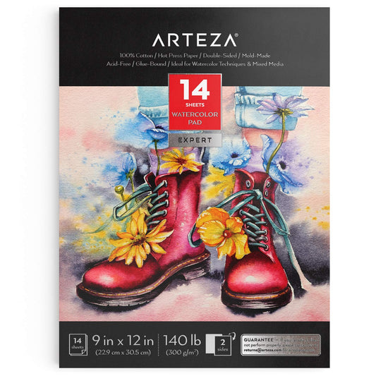 ARTEZA Watercolor Paper, 14 Sheets, 9x12 Inches Water Pad, 140lb/300gsm, 100% Cotton, Double-Sided, Hot Press, Acid Free Art Paper