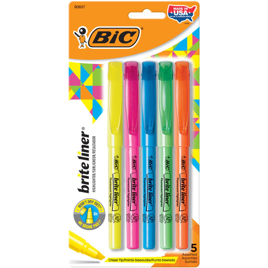 BIC Brite Liner Highlighters, Chisel Tip, 5-Count Pack of Highlighters Assorted Colors, Ideal Highlighter Set for Organizing and Coloring