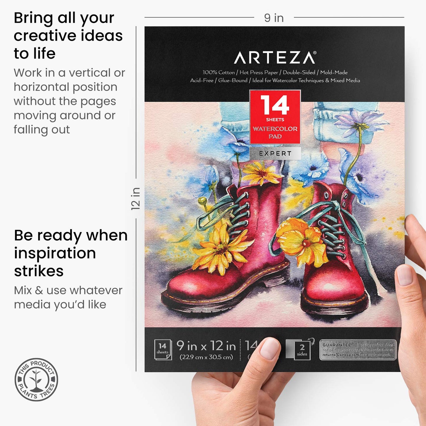 ARTEZA Watercolor Paper, 14 Sheets, 9x12 Inches Water Pad, 140lb/300gsm, 100% Cotton, Double-Sided, Hot Press, Acid Free Art Paper