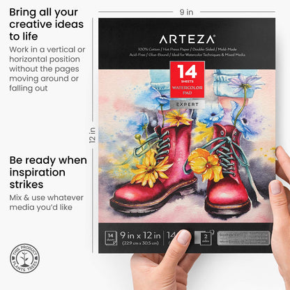 ARTEZA Watercolor Paper, 14 Sheets, 9x12 Inches Water Pad, 140lb/300gsm, 100% Cotton, Double-Sided, Hot Press, Acid Free Art Paper