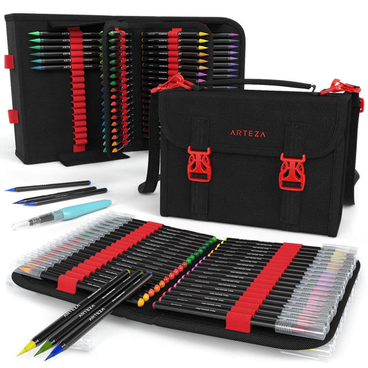 ARTEZA Real Brush Pens, 96 Watercolor Pens with 108-Slot Case, Drawing Markers with Flexible Brush Tips, Watercolor Markers for Artists