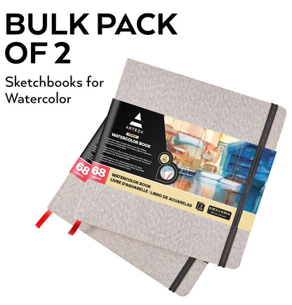 ARTEZA Watercolor Sketchbook Set, 2-Pack, 68 Pages per Book, 8.25 x 8.25 Inches, Gray Hardcover Notebooks, 110-Pound Premium Watercolor Paper for Artists